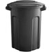 A black Toter 32 gallon round plastic trash can with a black lid.