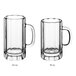 Two Acopa clear glass beer mugs with handles.