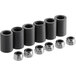 A row of black rubber bushings in black plastic cylinders.