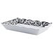 A white rectangular melamine tray with a black and white design.