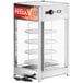 A ServIt pizza warmer with a glass door and pizza and pretzel racks inside.
