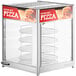 A ServIt countertop pizza warmer with a rotating shelf and a pizza on display.