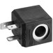 A black square electrical connector with a hole.