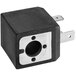 A black and silver metal plate with a black square electrical plug.