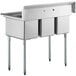 A Regency stainless steel three compartment commercial sink on galvanized steel legs.