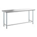 A Steelton stainless steel work table with a long metal top and legs.