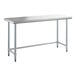 A Steelton stainless steel work table with a white background and metal legs.