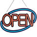 A white rectangular LED neon sign with blue and red text that says "OPEN" inside a blue oval with red trim.