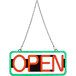 A rectangular neon sign that says "Open" in green and red letters.