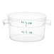 A clear plastic Vigor round food storage container with green measurements.