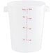 A white Vigor 8 Qt. translucent plastic food storage container with measurements in red.