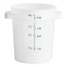 A white round polyethylene food storage container with green measurements.