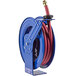 A blue Coxreels heavy-duty fuel hose reel with a red hose.