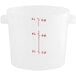 A white translucent Vigor 6 qt. round plastic food storage container with red text.