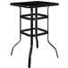 A black square outdoor glass bar table with a black metal frame.