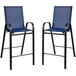 A Flash Furniture outdoor bar table with a navy glass top and two navy chairs with black frames.