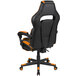 A black and orange office chair with a slide-out footrest.