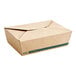 A brown paper take-out box with a green PLA-lined lid.