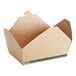 A brown cardboard take-out container with a green stripe.