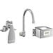 A Regency stainless steel wall mount handsink faucet with a 6" gooseneck spout and knee valve.