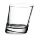 A clear Libbey rocks glass with a slanted design on a white background.
