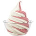 A clear glass bowl of pink and white Frostline soft serve ice cream swirl.