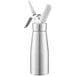 A silver Chef Master whipped cream dispenser with white accents.