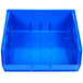 A blue plastic stack bin with compartments.