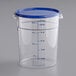 A clear plastic Vigor food storage container with a blue lid.