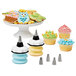 An OXO Good Grips decorating bottle with yellow and white icing on a cupcake.