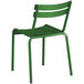 A green powder coated aluminum outdoor side chair with metal legs.