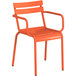 An orange powder coated aluminum arm chair with arms.