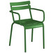 A green Lancaster Table & Seating outdoor arm chair with arms.