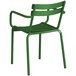 A Lancaster Table & Seating green powder coated aluminum arm chair with a metal frame.