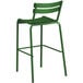 A green Lancaster Table & Seating outdoor barstool with a metal frame.