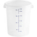 A translucent plastic Vigor food storage container with blue measurements on the side.