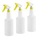 Three white plastic bottles with yellow sprayers.