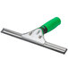 An Unger ErgoTec window squeegee with a green handle.