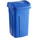 A blue Toter commercial trash can with a square lid.