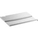 A silver metal sliding lid for a rectangular stainless steel shelf.
