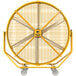 A large yellow Big Ass Fans portable floor fan on wheels.