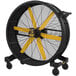 A large black and yellow Big Ass Fans portable floor fan with wheels.