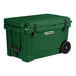 A CaterGator hunter green outdoor cooler with wheels.