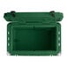 A green CaterGator outdoor cooler with black handles and the lid open.