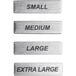 A group of four metal ServSense labels with the words: small, medium, large, and extra large.
