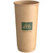 A brown New Roots compostable paper hot cup with a green logo.