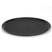 A black round HS Inc. Polypropylene Pizza tray with small holes in it.