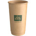 A brown New Roots compostable paper hot cup with a green logo.