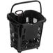 A Regency black plastic shopping basket with wheels and a handle.