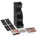 A black ServSense countertop condiment organizer with header decals and several cards.